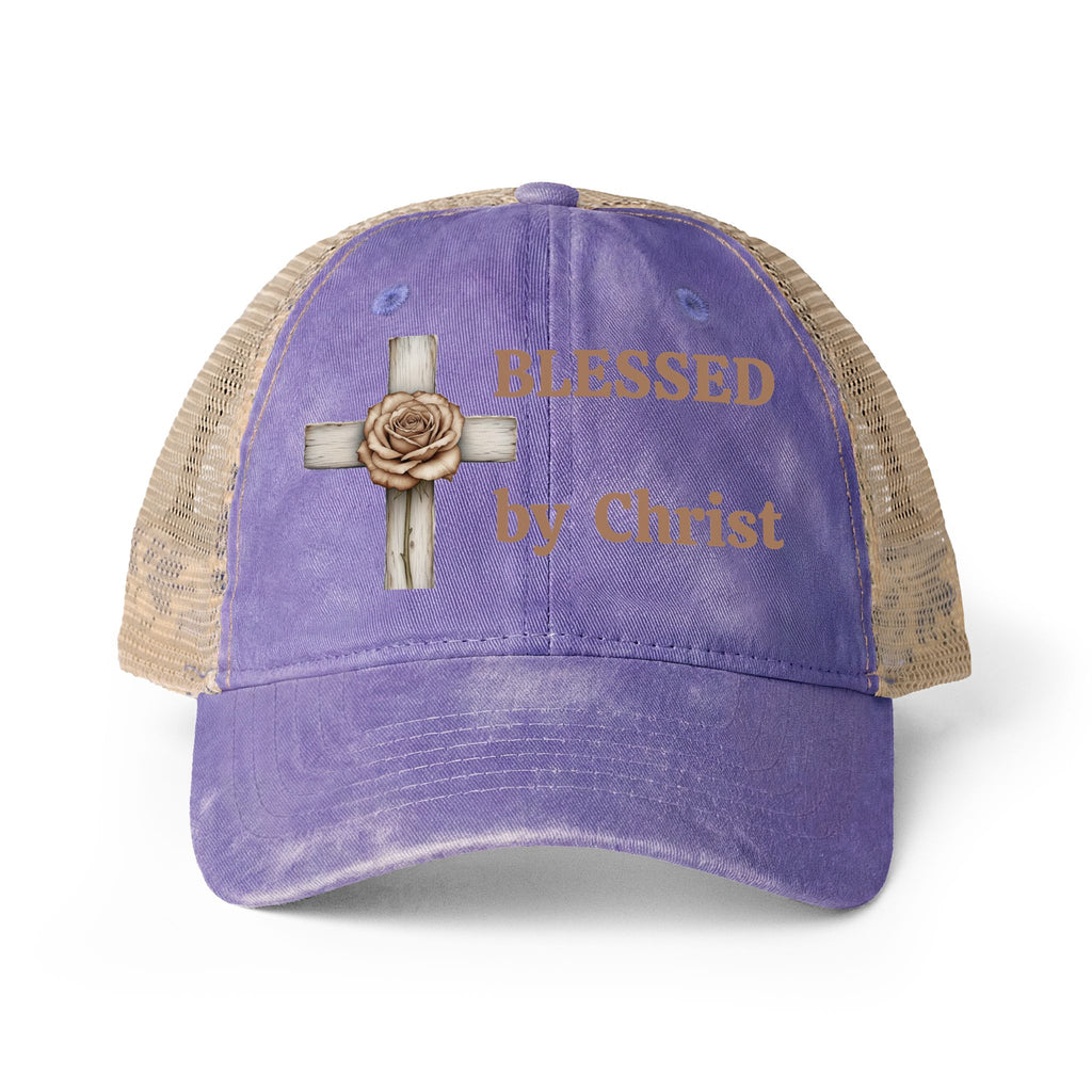 Blessed by Christ with Cross -Women's Washed Mesh-Back Cap