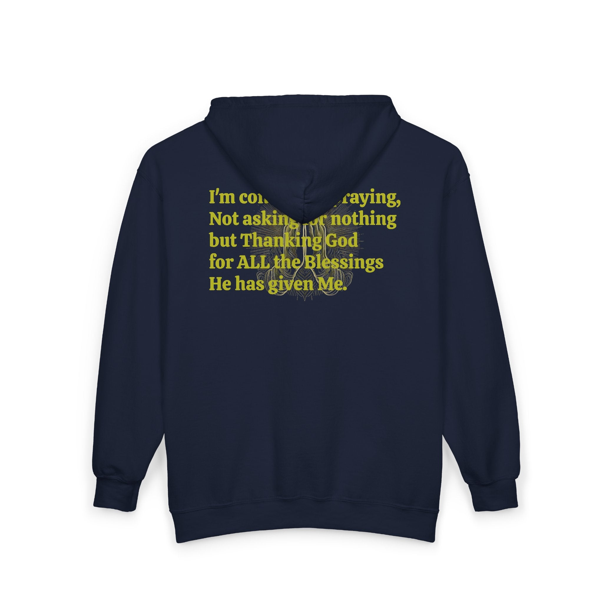 Faith-Inspired Full Zip Hoodie — Gold Cross & 'Constantly Praying' Scripture Back