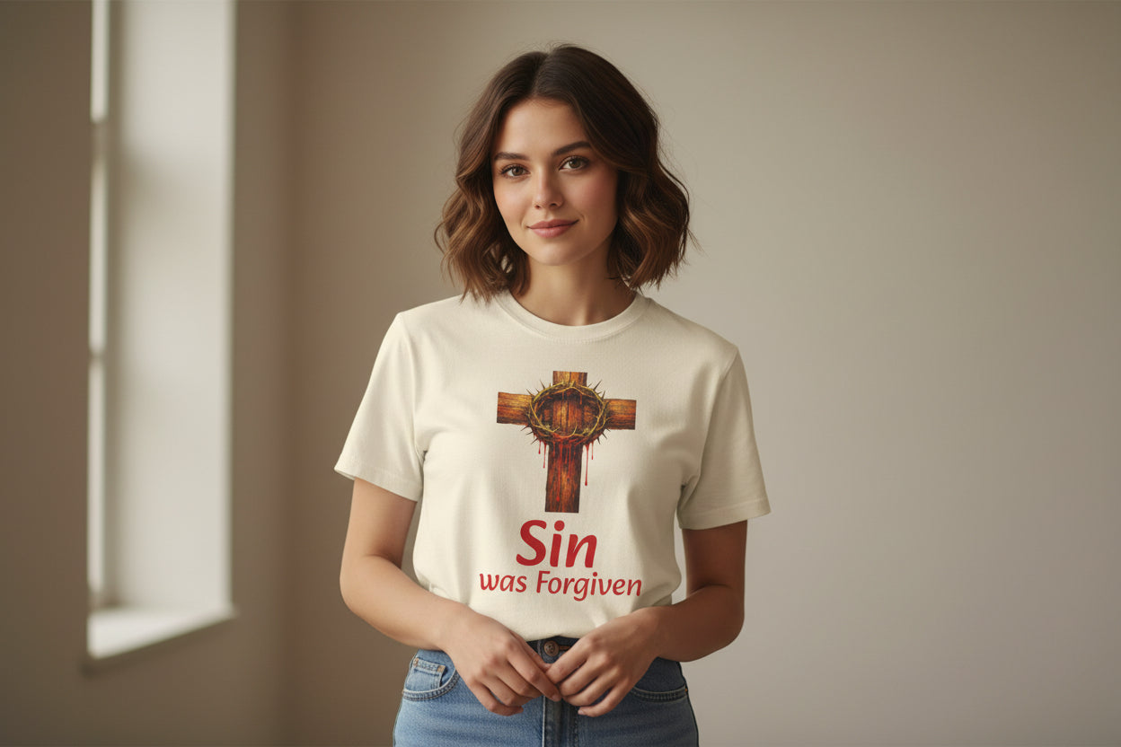 Christian Cross T-Shirt — "Sin Was Forgiven" Religious Faith Tee