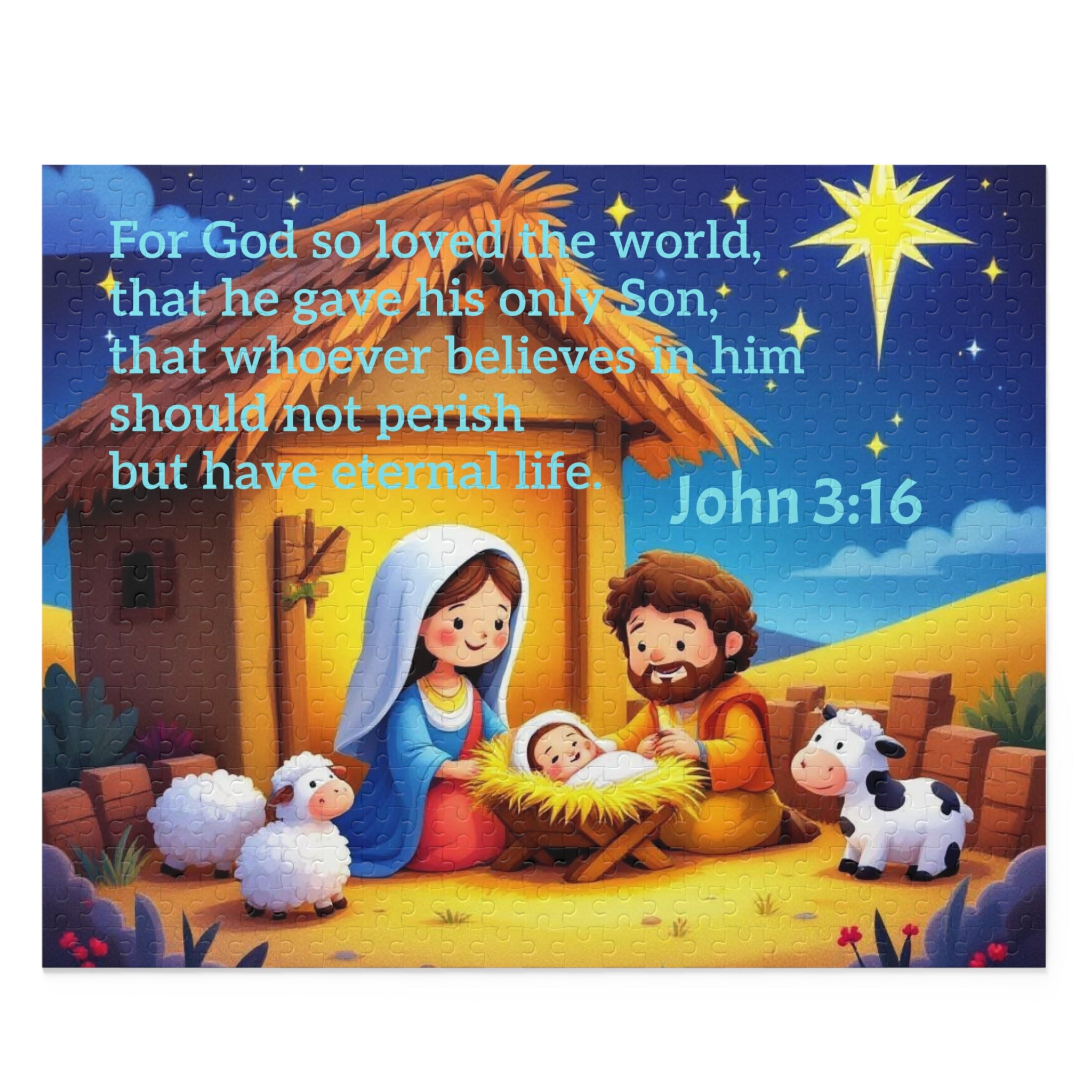 Nativity Puzzle with John 3:16 — Children’s Christmas Jigsaw (120/252/500 pcs)