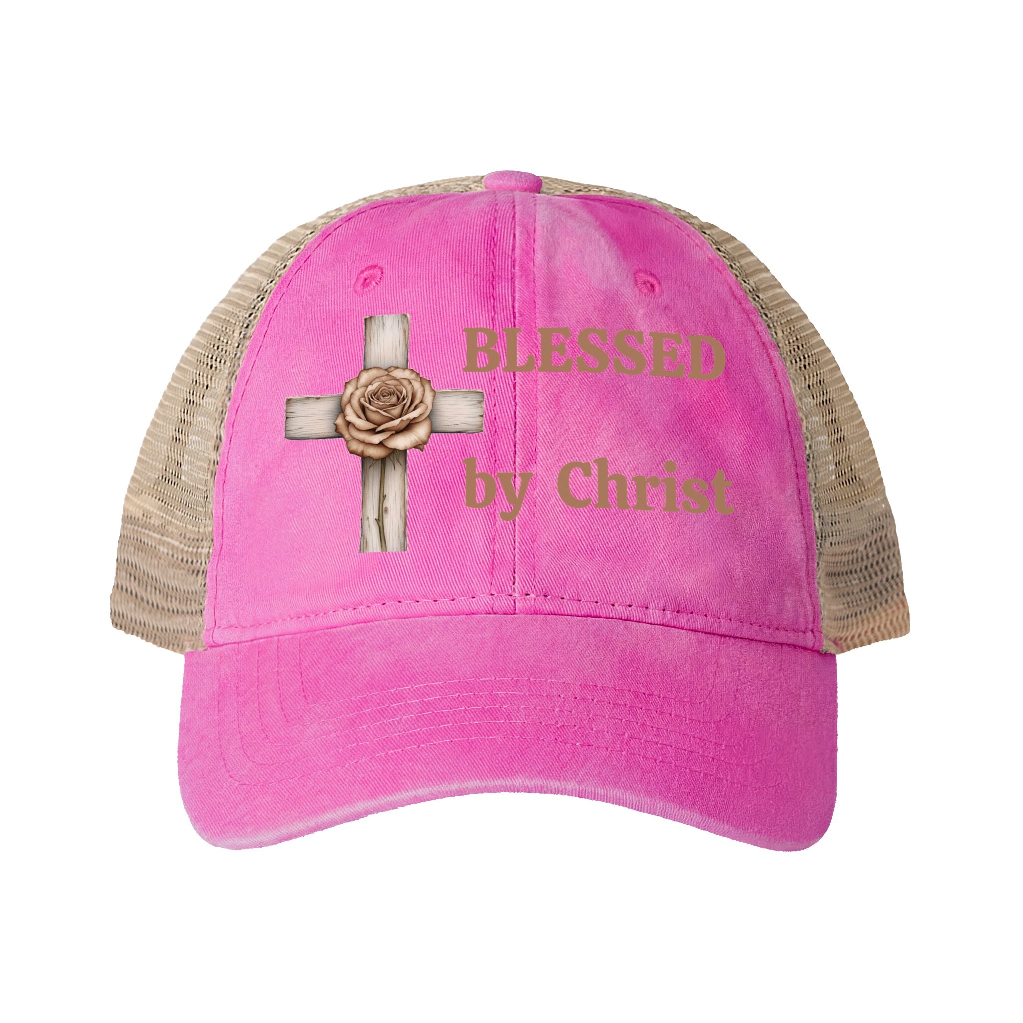 Blessed by Christ with Cross -Women's Washed Mesh-Back Cap