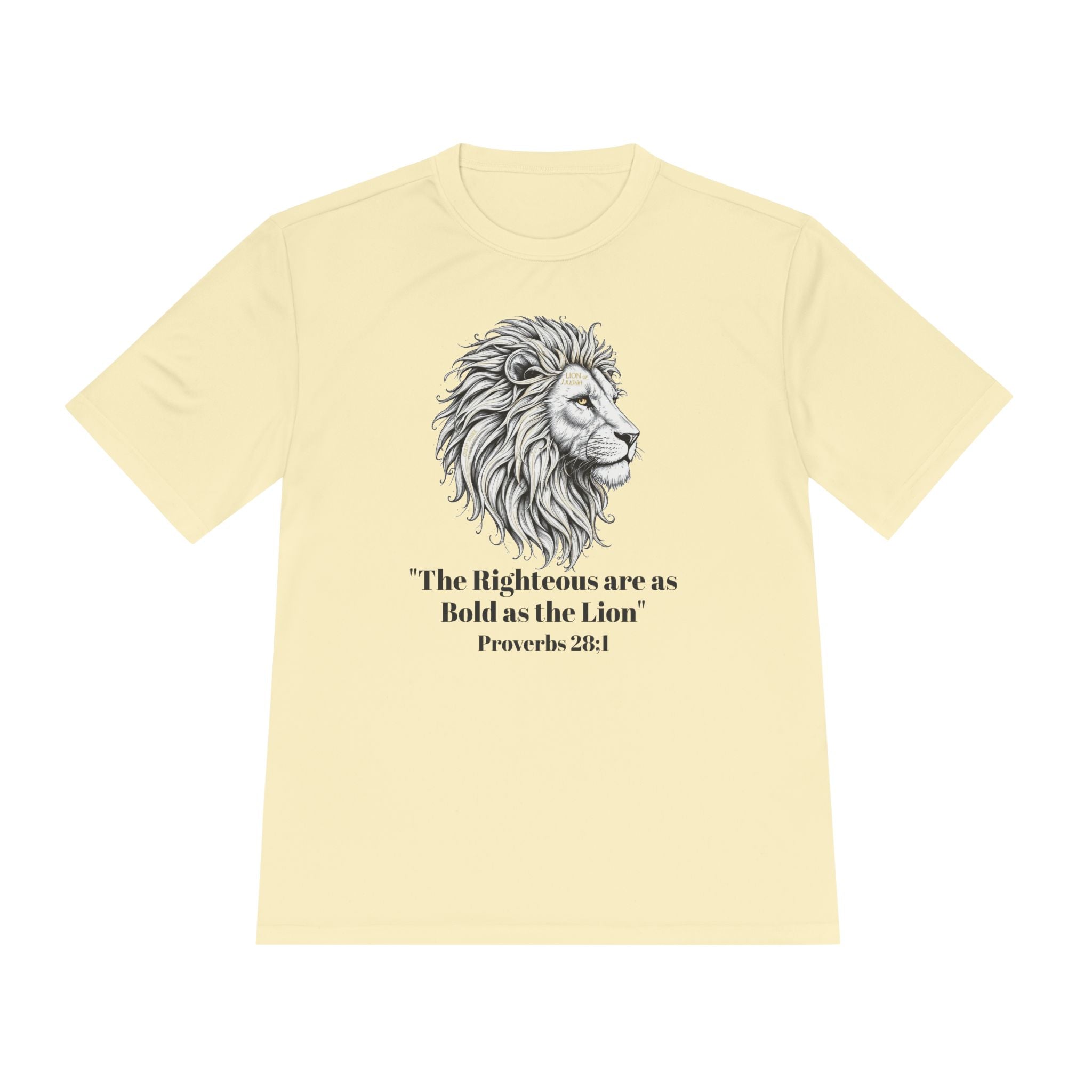 Lion Portrait Polyester T‑Shirt — “The Righteous are as bold as the Lion” Proverbs 28:1 – Christian faith apparel & gifts | 