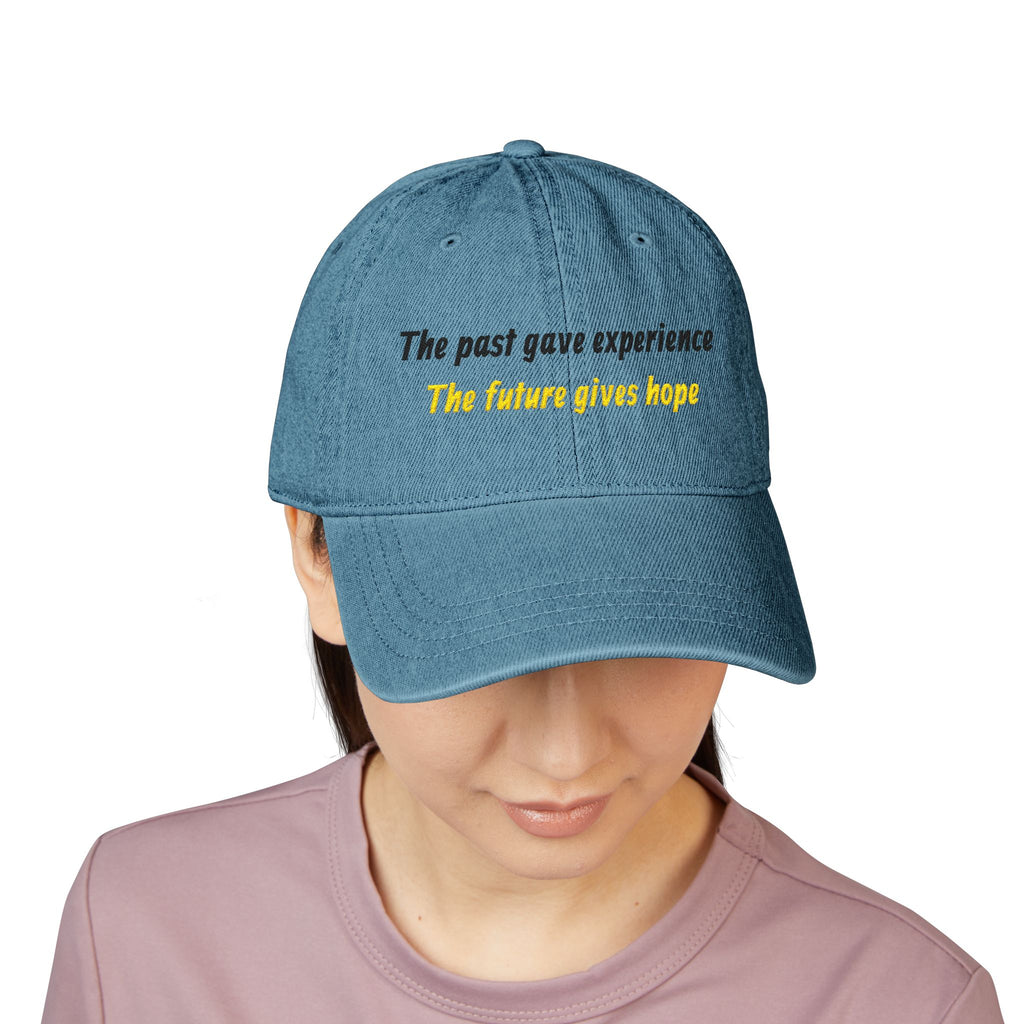 Denim Cap — Embroidered ‘The past gave experience / The future gives hope’ Inspirational Cap – Christian faith apparel & gif