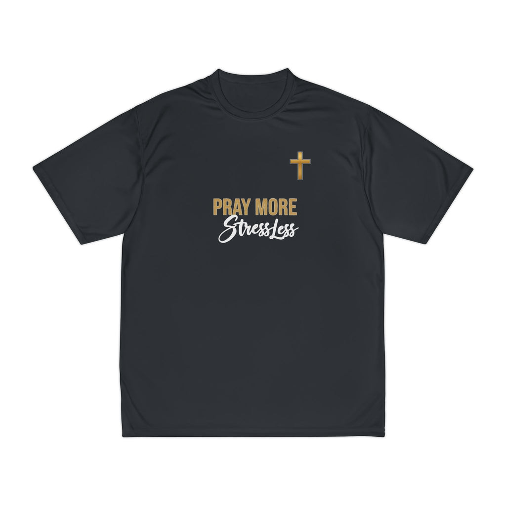 Pray More Stress Less T‑Shirt — Men’s Faith Graphic Tee with Gold Cross – Christian faith apparel & gifts | Fully Christian 