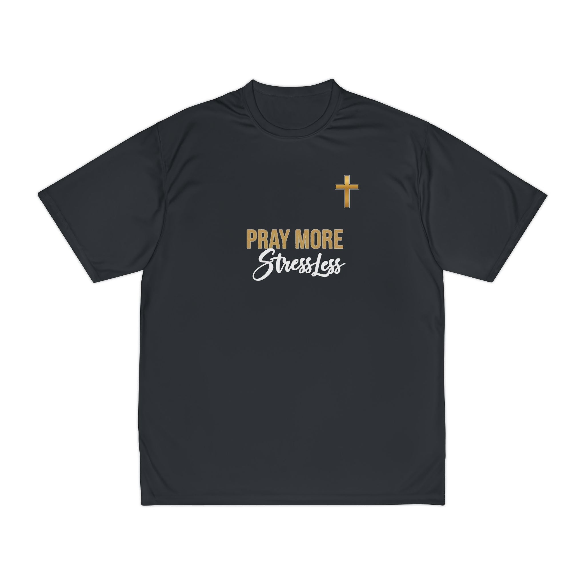Pray More Stress Less T‑Shirt — Men’s Faith Graphic Tee with Gold Cross