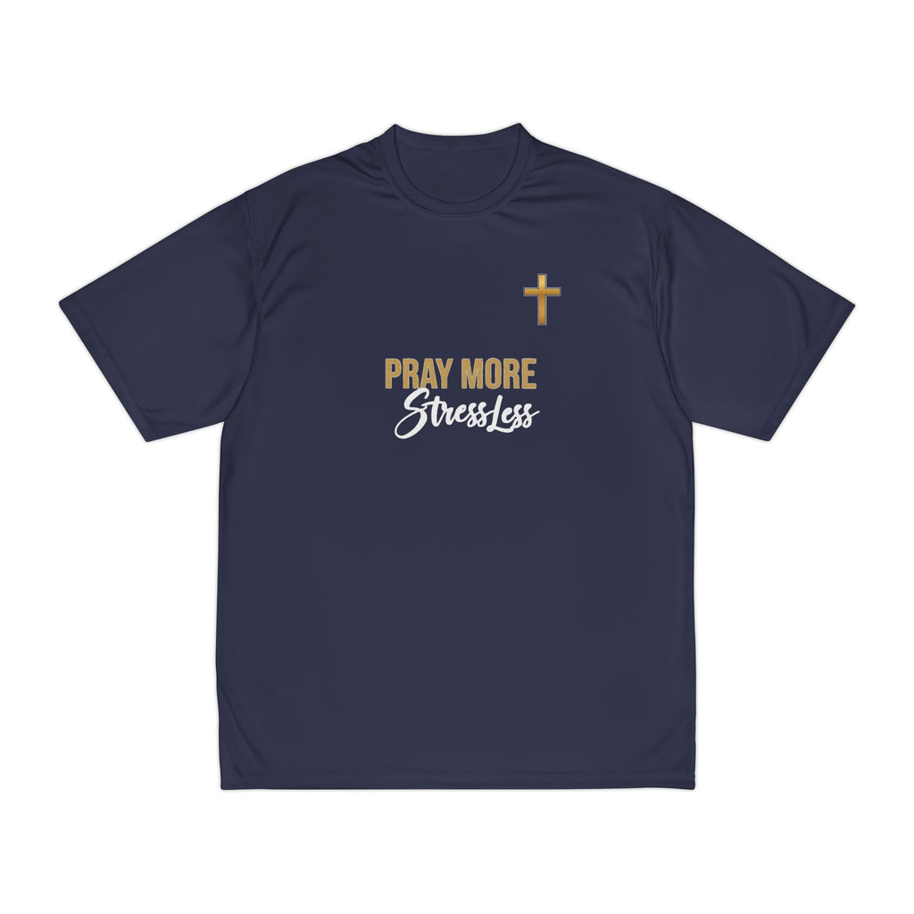 Pray More Stress Less T‑Shirt — Men’s Faith Graphic Tee with Gold Cross