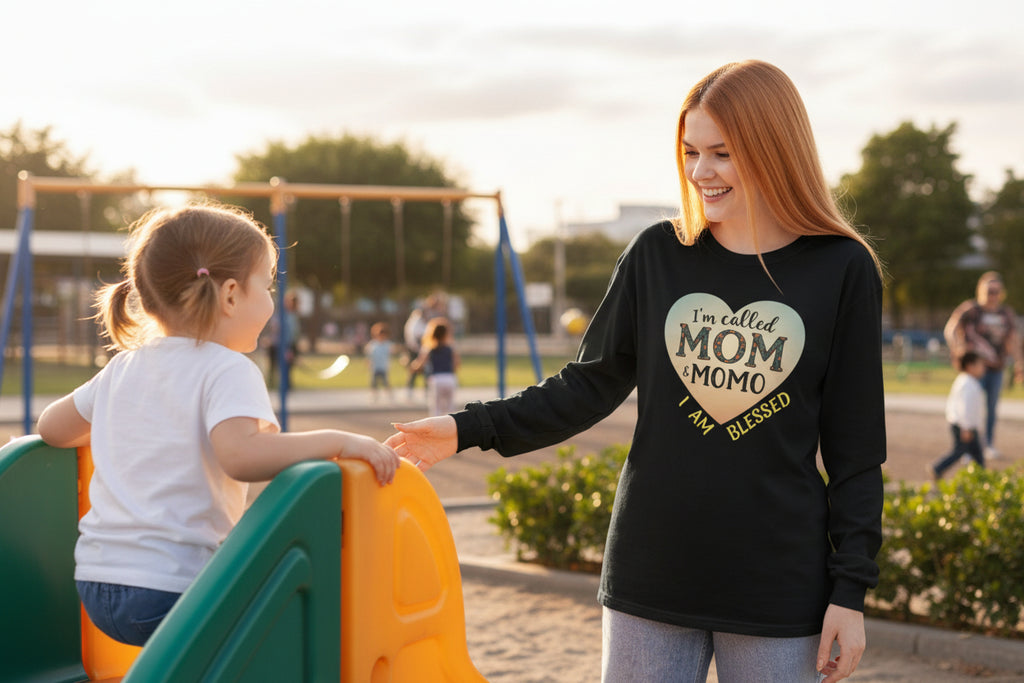 Mom & Momo Heart Long Sleeve Tee – “I’m Called Mom & Momo, I Am Blessed”