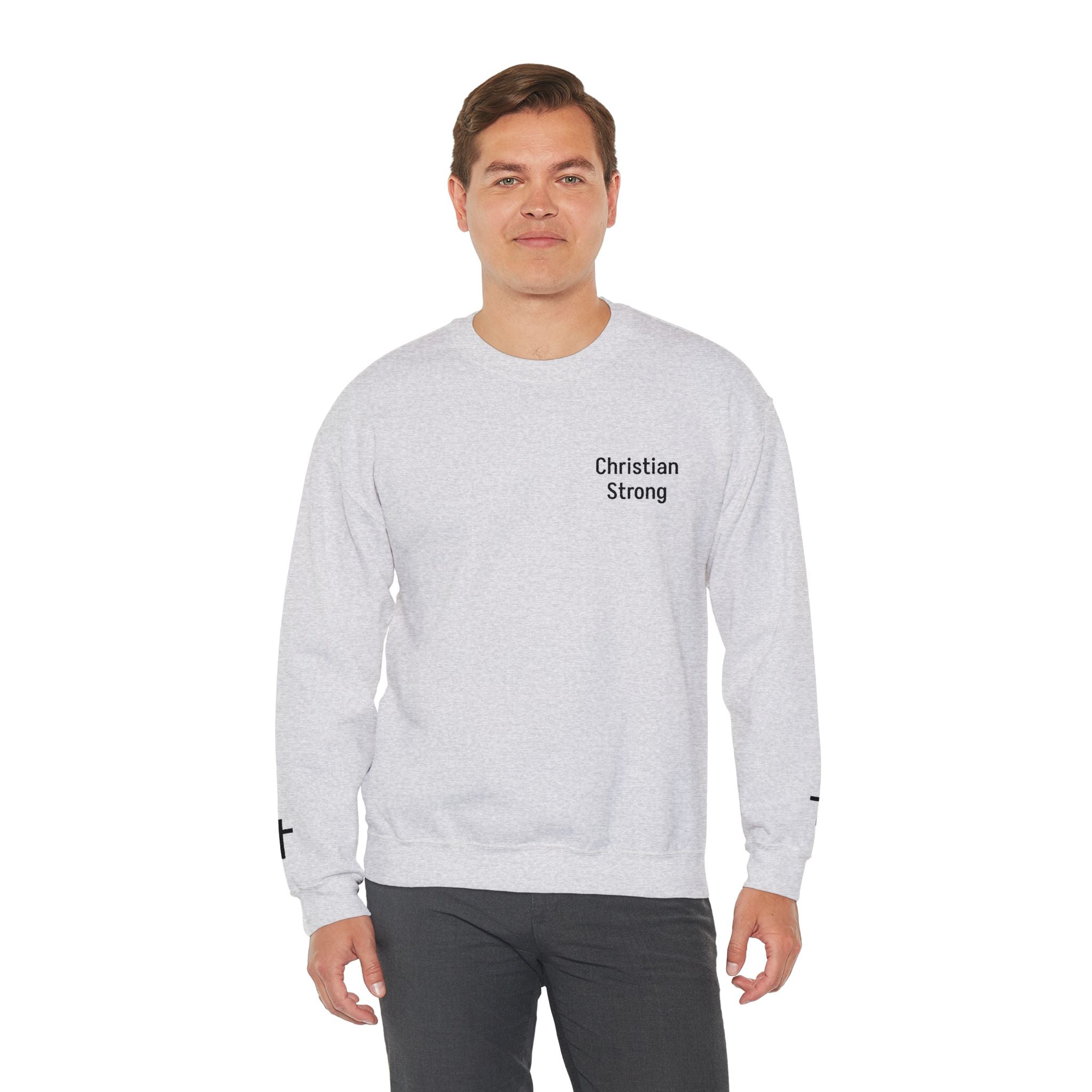 Embroidered Christian Strong Crewneck Sweatshirt – Faith-Inspired Minimalist Pullover