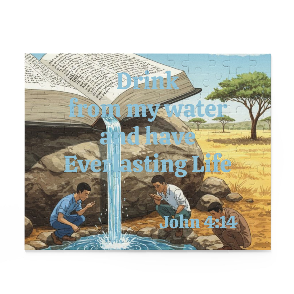 Christian Inspirational Puzzle — “Drink from my water and have Everlasting Life” (120–500 pcs) – Christian faith apparel & g