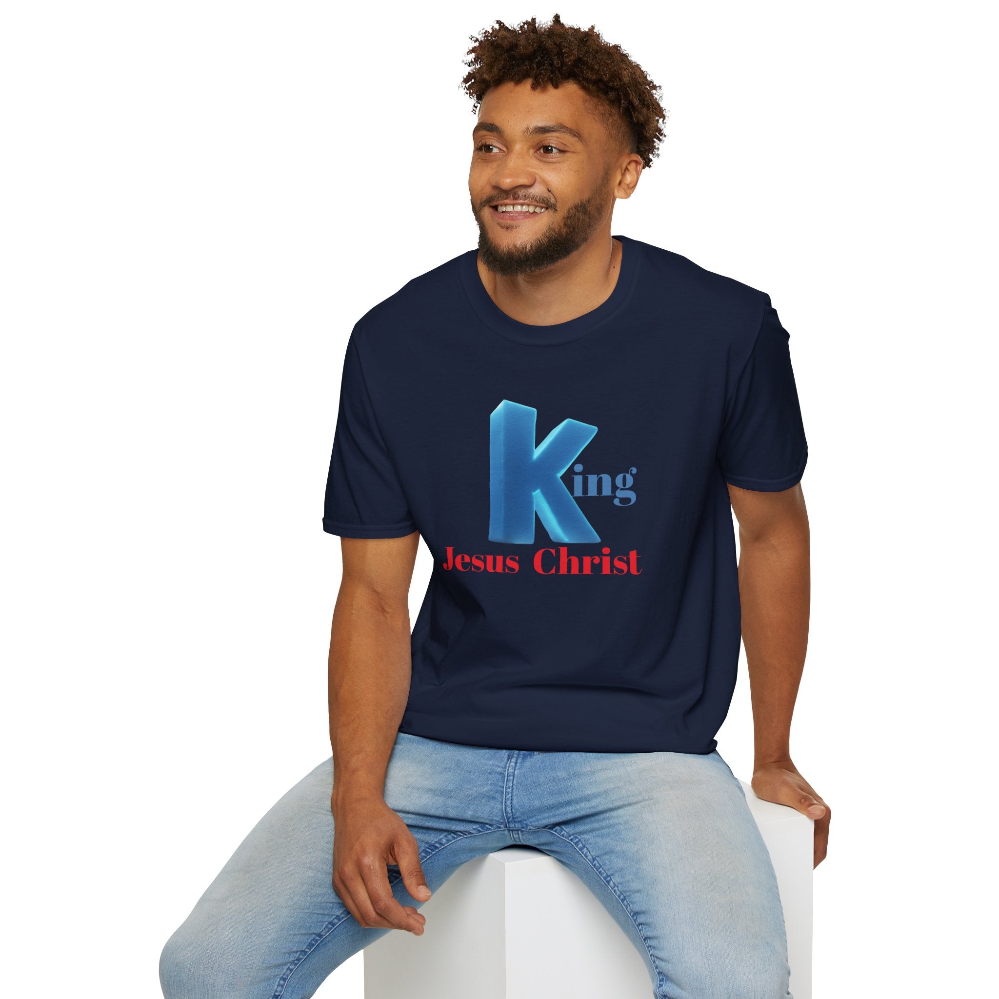 King Jesus Christ T-Shirt — 3D Blue Lettering Christian Faith Tee