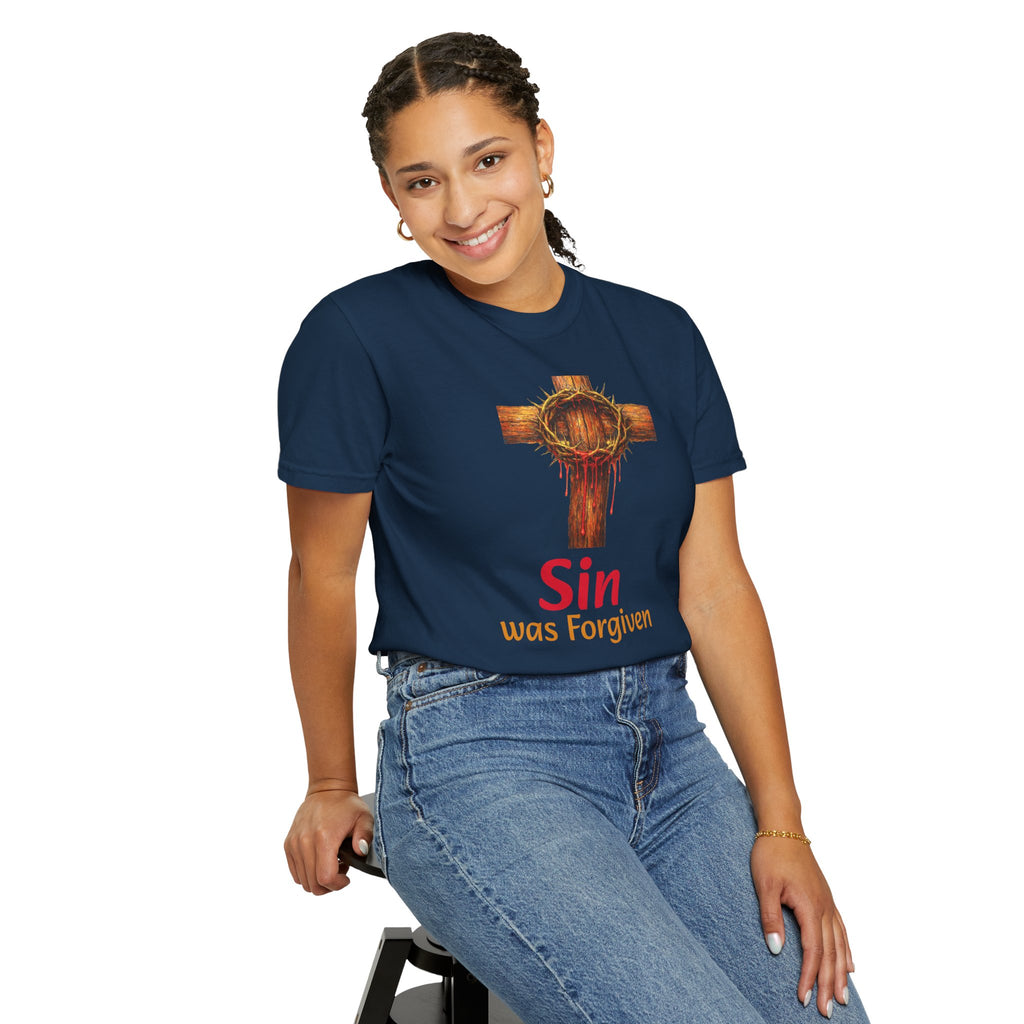 Christian Cross T-Shirt — "Sin Was Forgiven" Religious Faith Tee