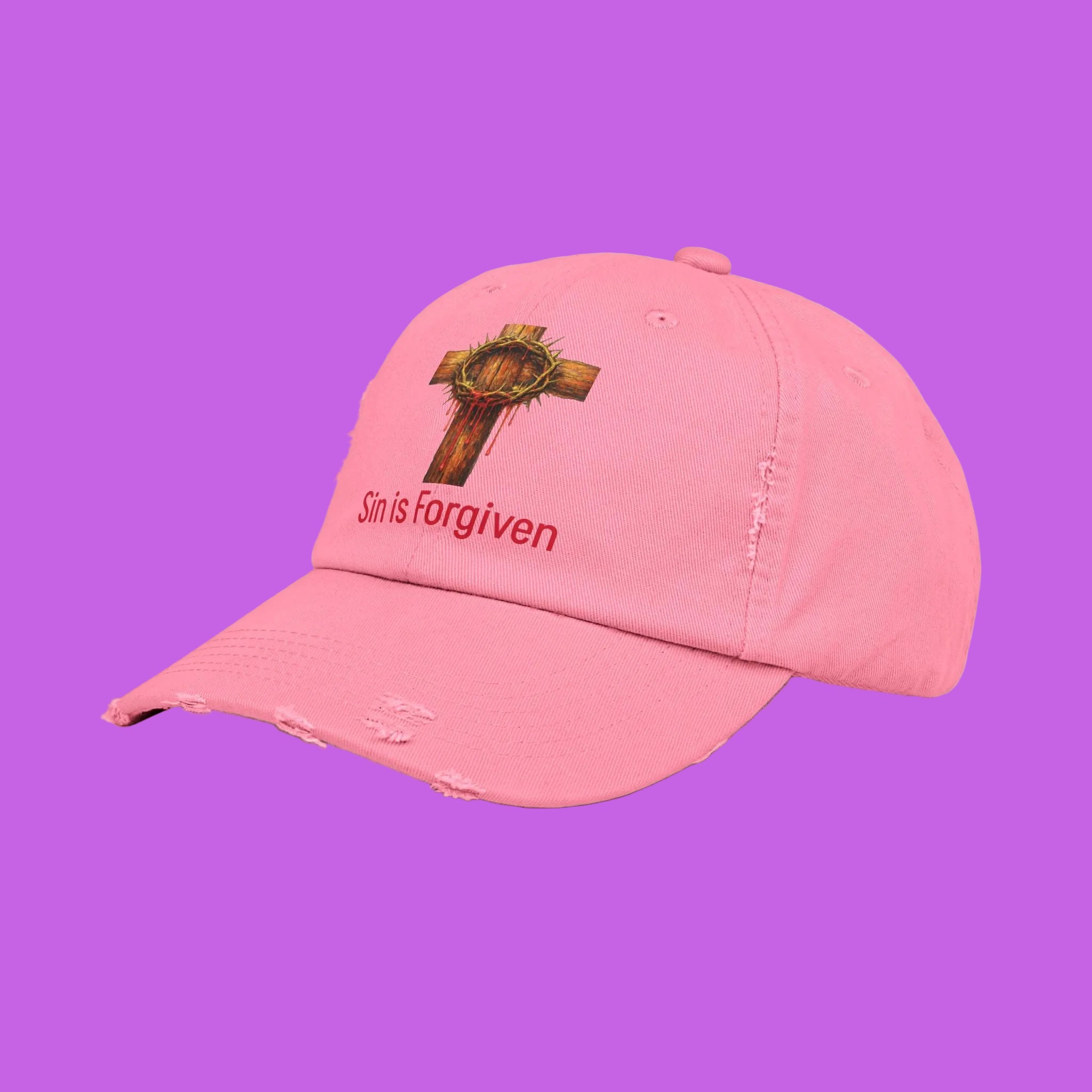 Forgiven Cross Distressed Cap — "Sin is Forgiven" Christian Baseball Hat