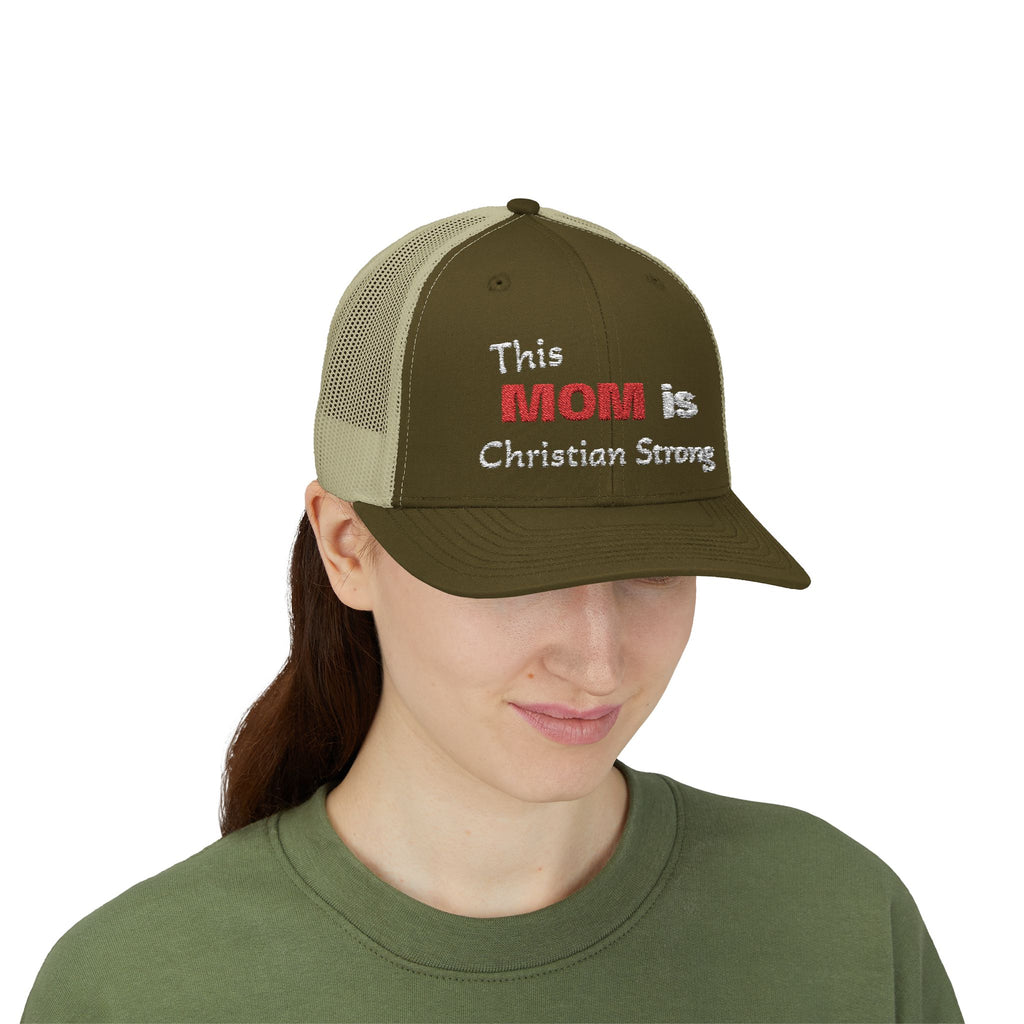 Christian Mom Trucker Cap — "This MOM is Christian Strong" Embroidered Snapback