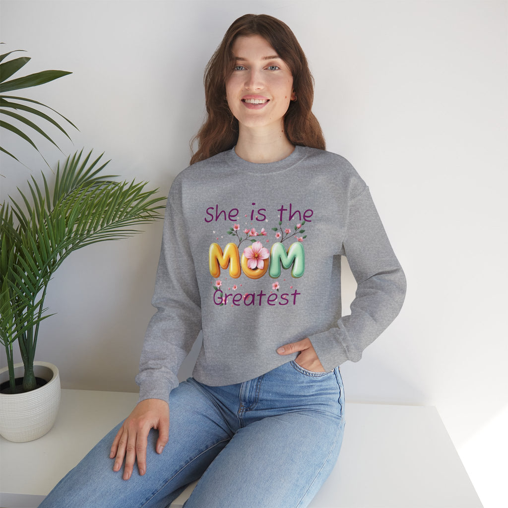 Greatest MOM Crewneck Sweatshirt — "She is the Greatest MOM" Floral Balloon Design – Christian faith apparel & gifts | Fully