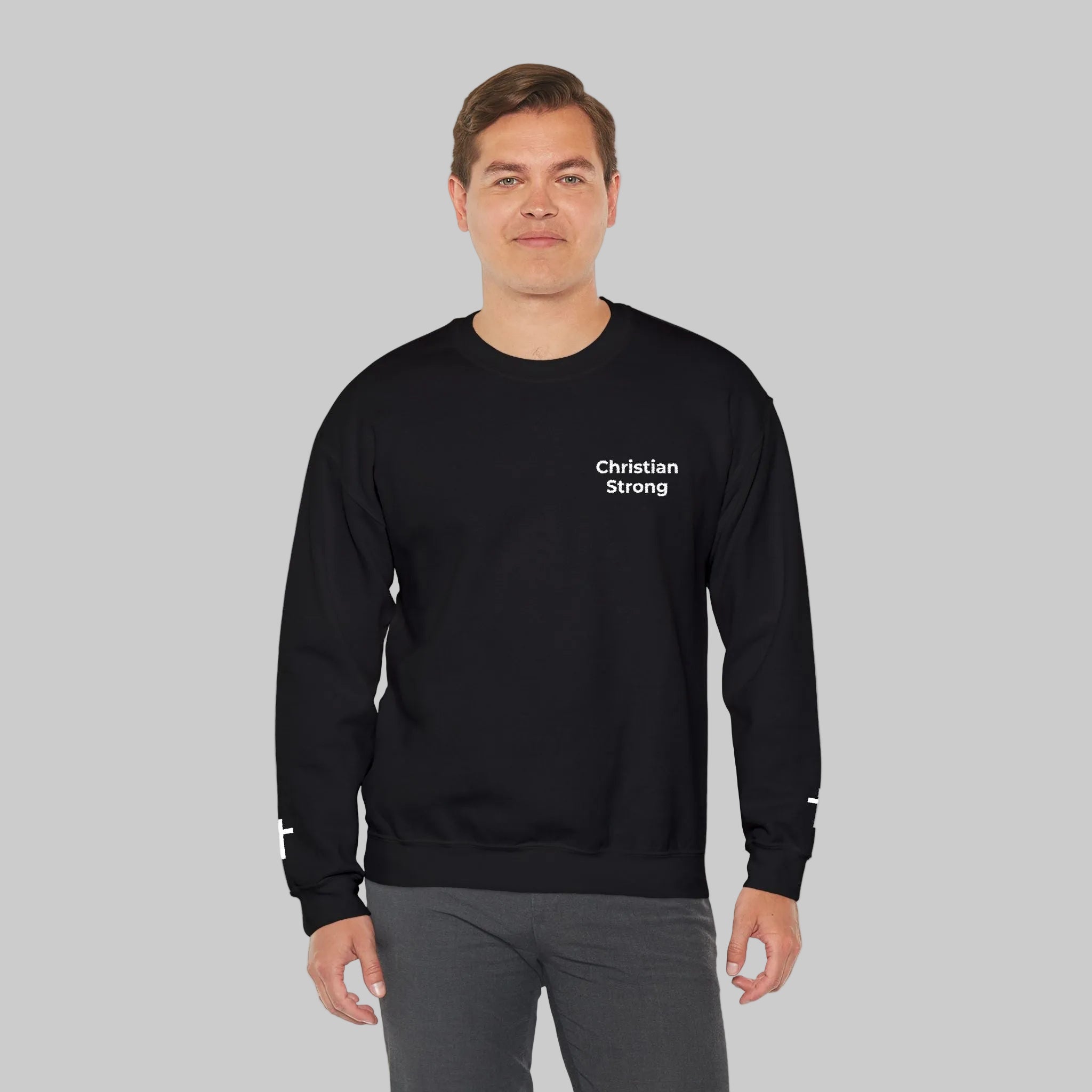 Embroidered Christian Strong Crewneck Sweatshirt — Faith-Inspired Graphic Pullover
