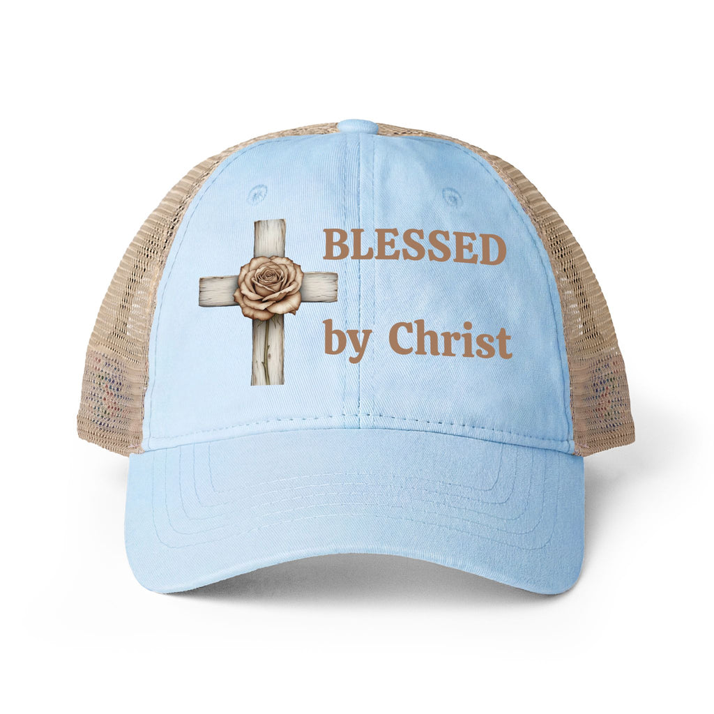 Blessed by Christ with Cross -Women's Washed Mesh-Back Cap