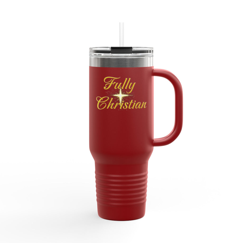 Fully Christian 40oz Insulated Travel Mug – Large Red Tumbler with Handle & Straw