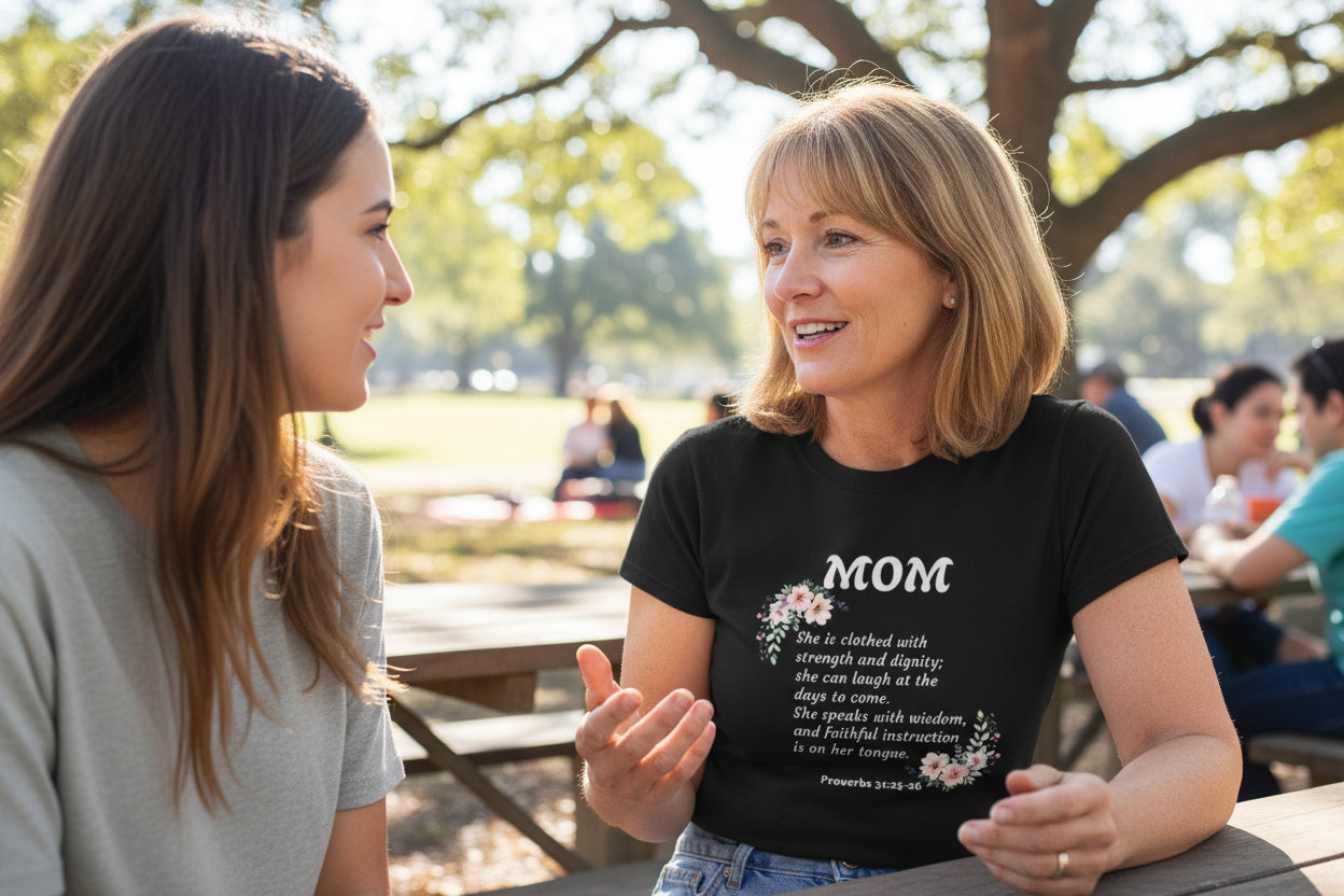 Mom Floral Scripture T-Shirt — Proverbs 31:25 Tribute Shirt