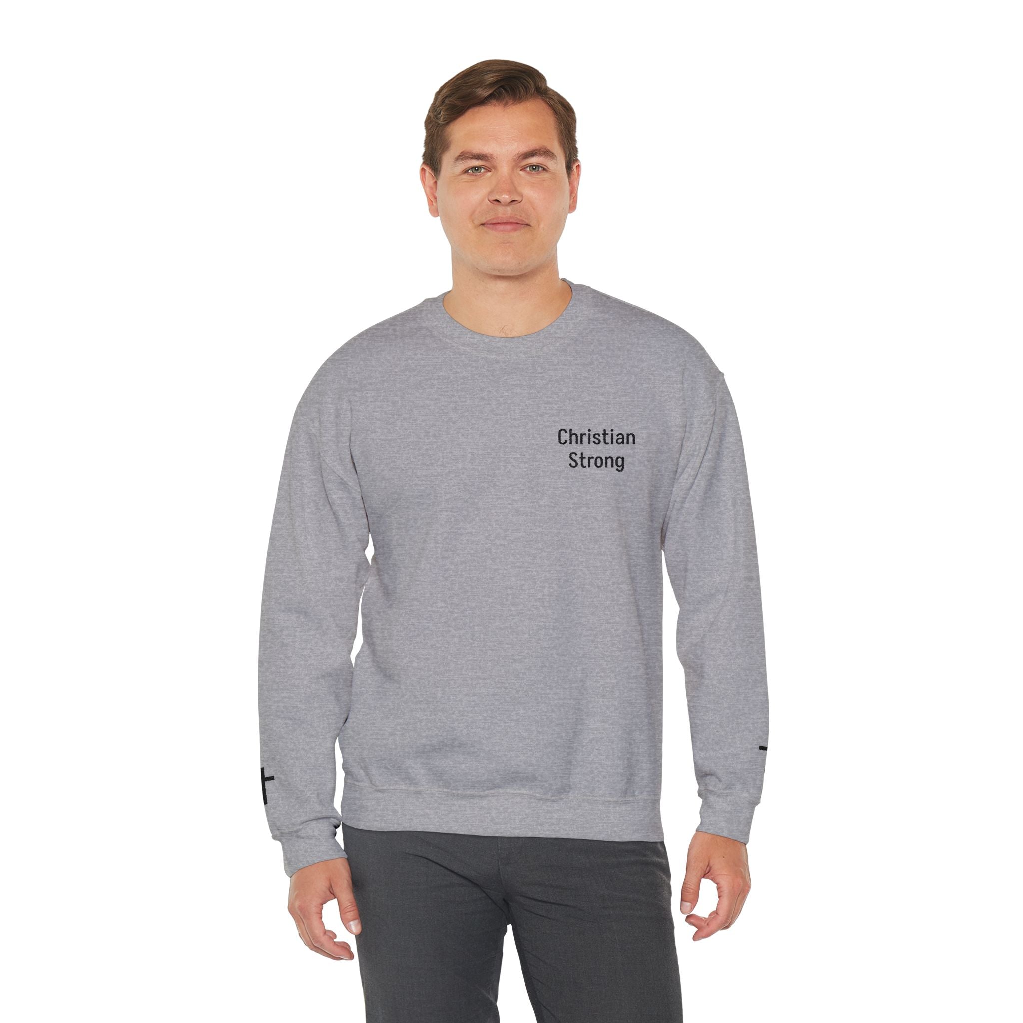 Embroidered Christian Strong Crewneck Sweatshirt – Faith-Inspired Minimalist Pullover