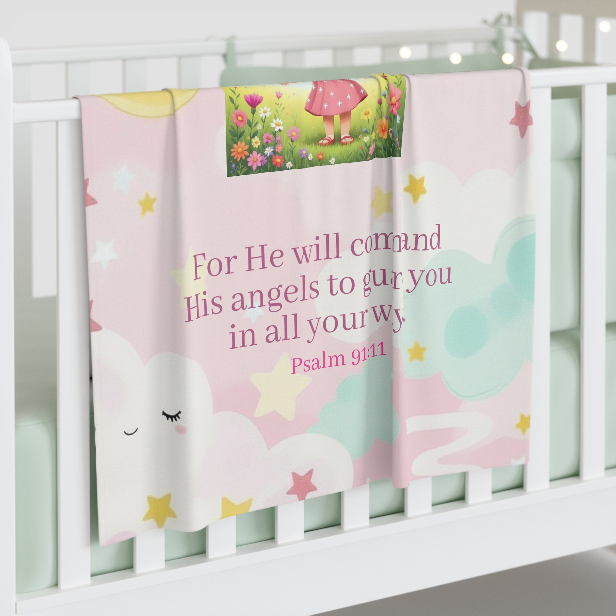 Personalized Baby Swaddle Blanket - Pink Cloud Moon Design with Psalm 91:11 Scripture