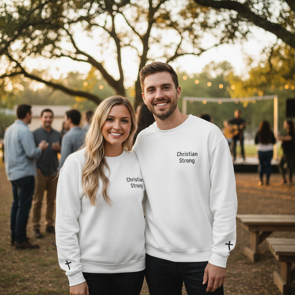 Embroidered Christian Strong Crewneck Sweatshirt – Faith-Inspired Minimalist Pullover