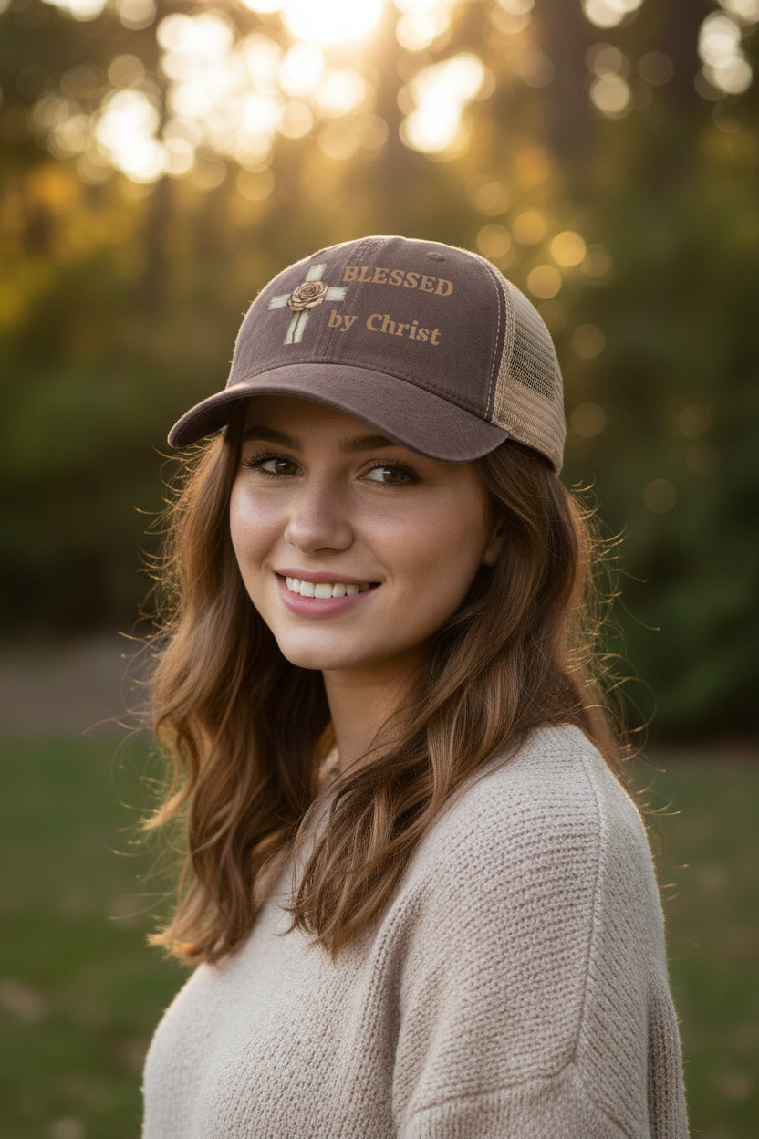 Blessed by Christ with Cross -Women's Washed Mesh-Back Cap