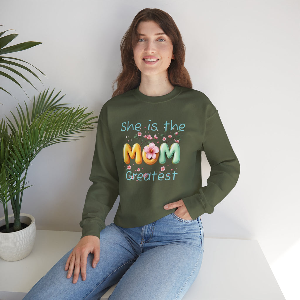Greatest MOM Crewneck Sweatshirt — "She is the Greatest MOM" Floral Balloon Design