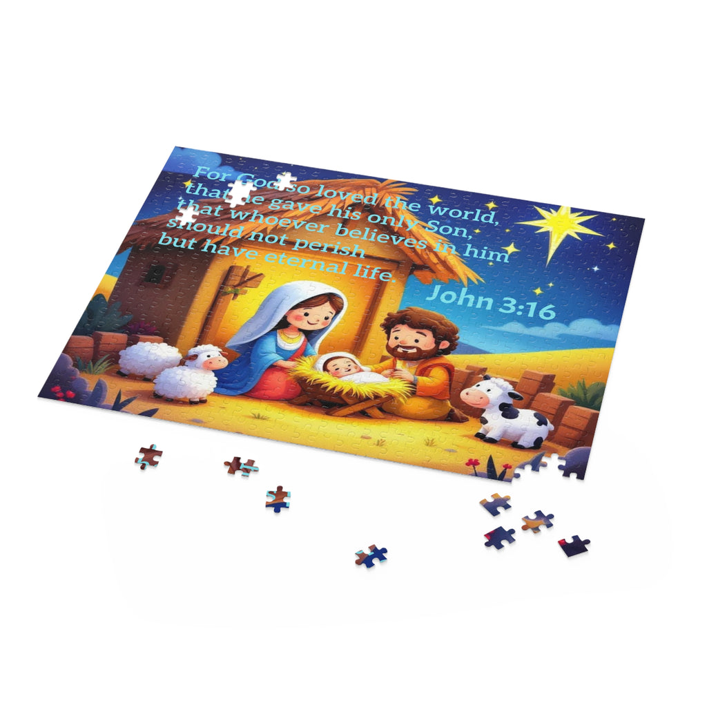 Nativity Puzzle with John 3:16 — Children’s Christmas Jigsaw (120/252/500 pcs)