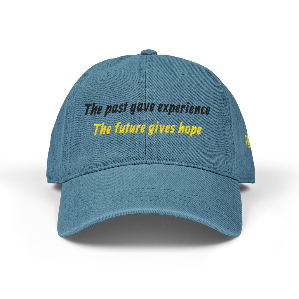 Denim Cap — Embroidered ‘The past gave experience / The future gives hope’ Inspirational Cap – Christian faith apparel & gif