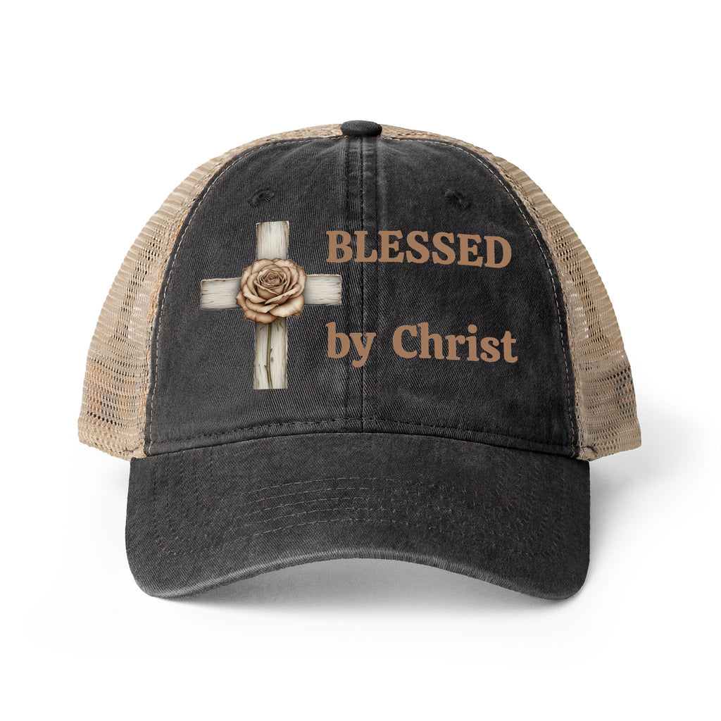 Blessed by Christ with Cross -Women's Washed Mesh-Back Cap