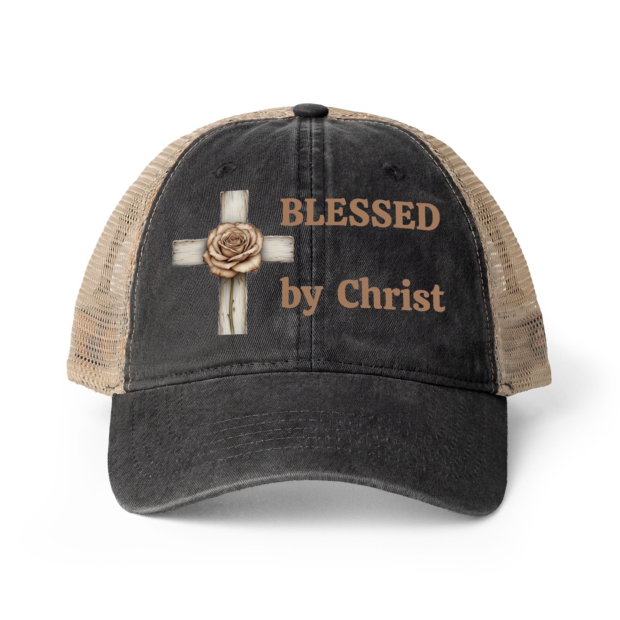 Blessed by Christ with Cross -Women's Washed Mesh-Back Cap