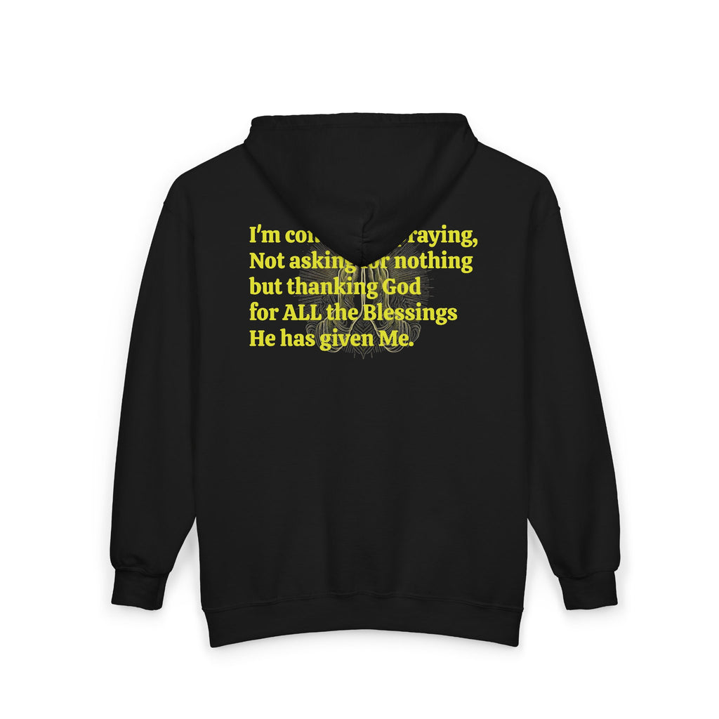 Faith-Inspired Full Zip Hoodie — Gold Cross & 'Constantly Praying' Scripture Back