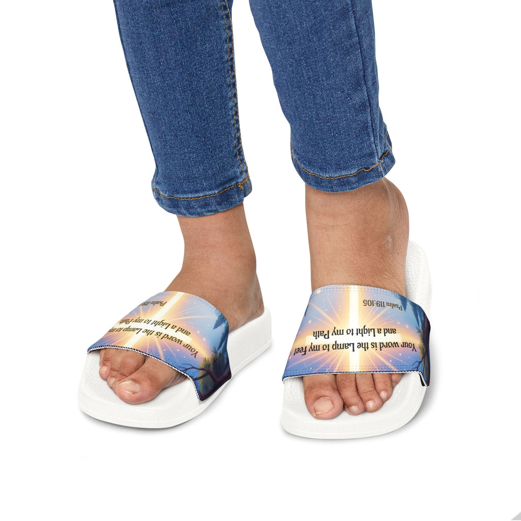 Youth Scripture Slide Sandals — "Your word is the Lamp to my feet" Psalm 119:105