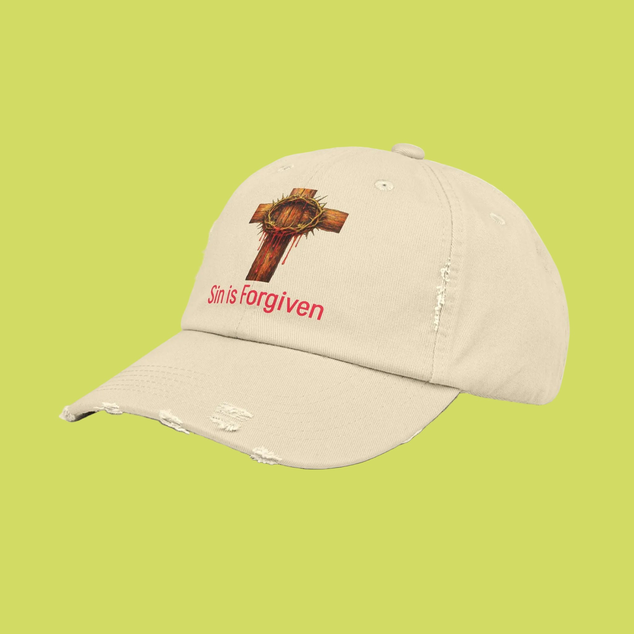 Forgiven Cross Distressed Cap — "Sin is Forgiven" Christian Baseball Hat