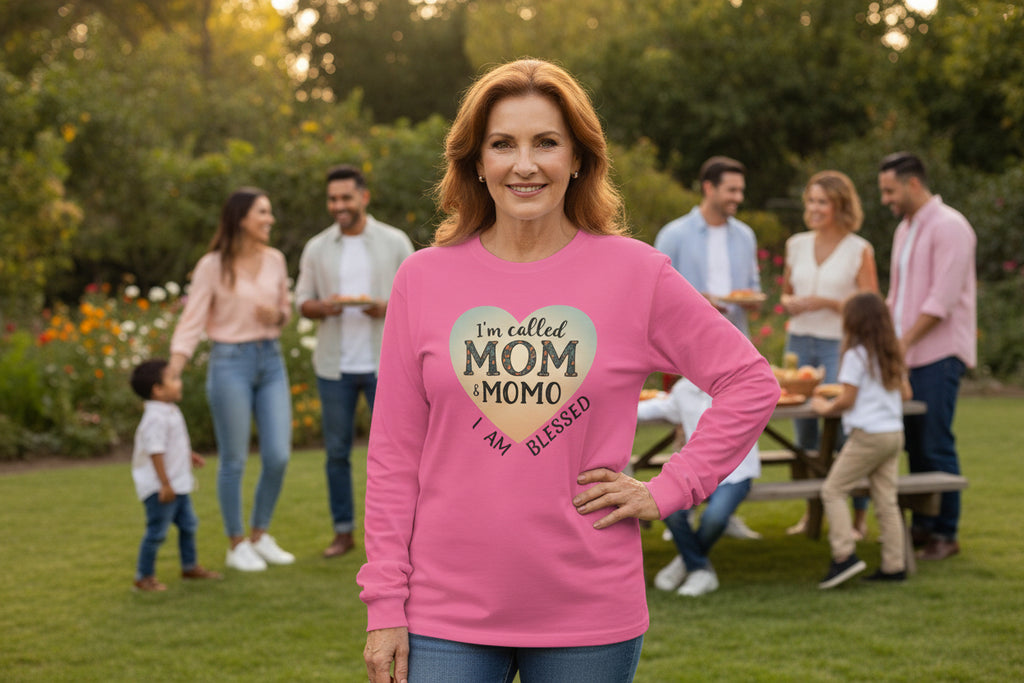 Mom & Momo Heart Long Sleeve Tee – “I’m Called Mom & Momo, I Am Blessed”