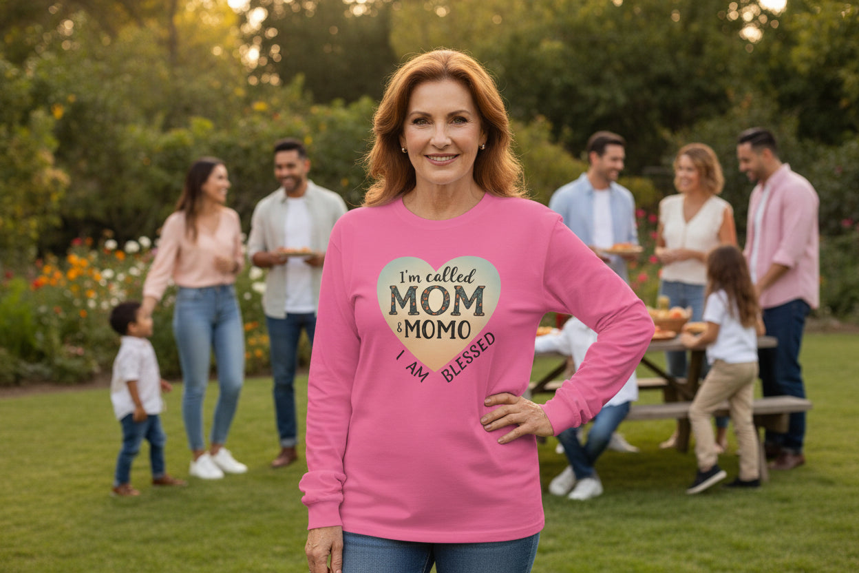 Mom & Momo Heart Long Sleeve Tee – “I’m Called Mom & Momo, I Am Blessed”