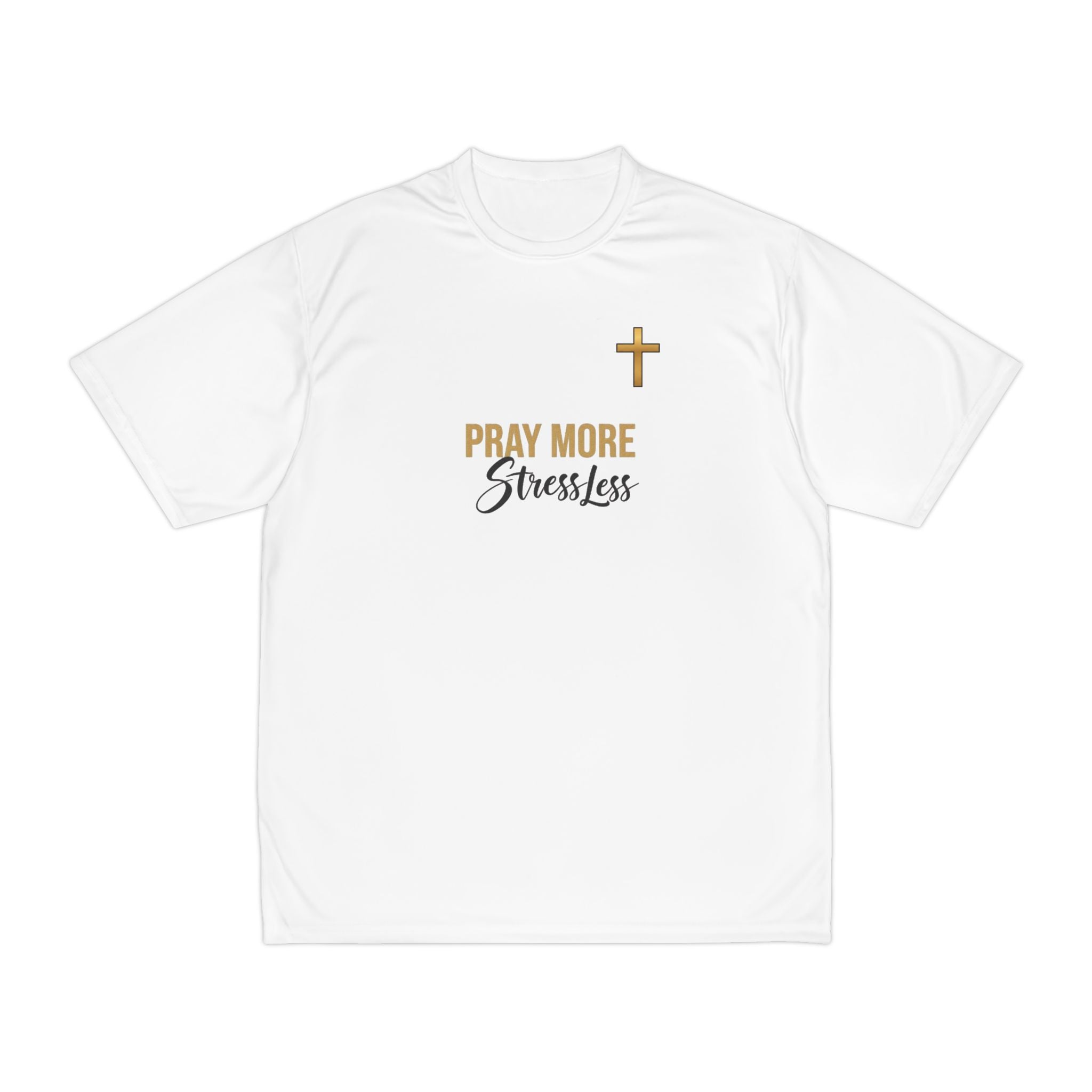 Pray More Stress Less T‑Shirt — Men’s Faith Graphic Tee with Gold Cross