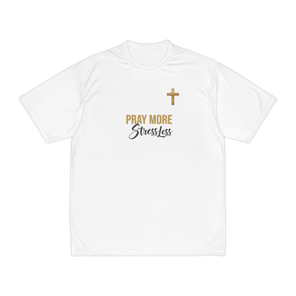 Pray More Stress Less T‑Shirt — Men’s Faith Graphic Tee with Gold Cross