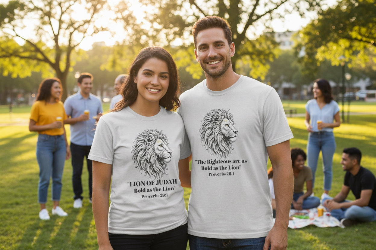 Lion Portrait Polyester T‑Shirt — “The Righteous are as bold as the Lion” Proverbs 28:1 – Christian faith apparel & gifts | 