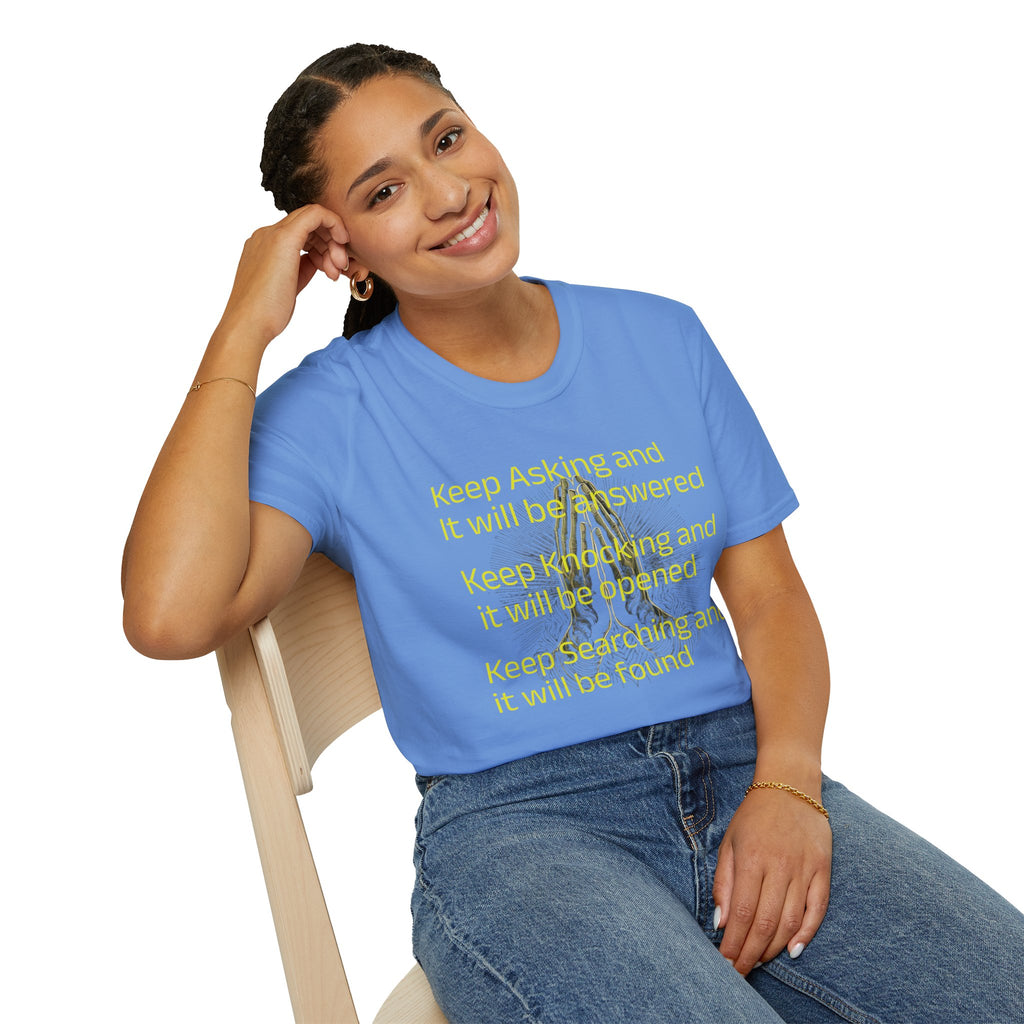 Motivational 'Keep Asking' Tee — Inspirational Quote T-Shirt with Gold Script A