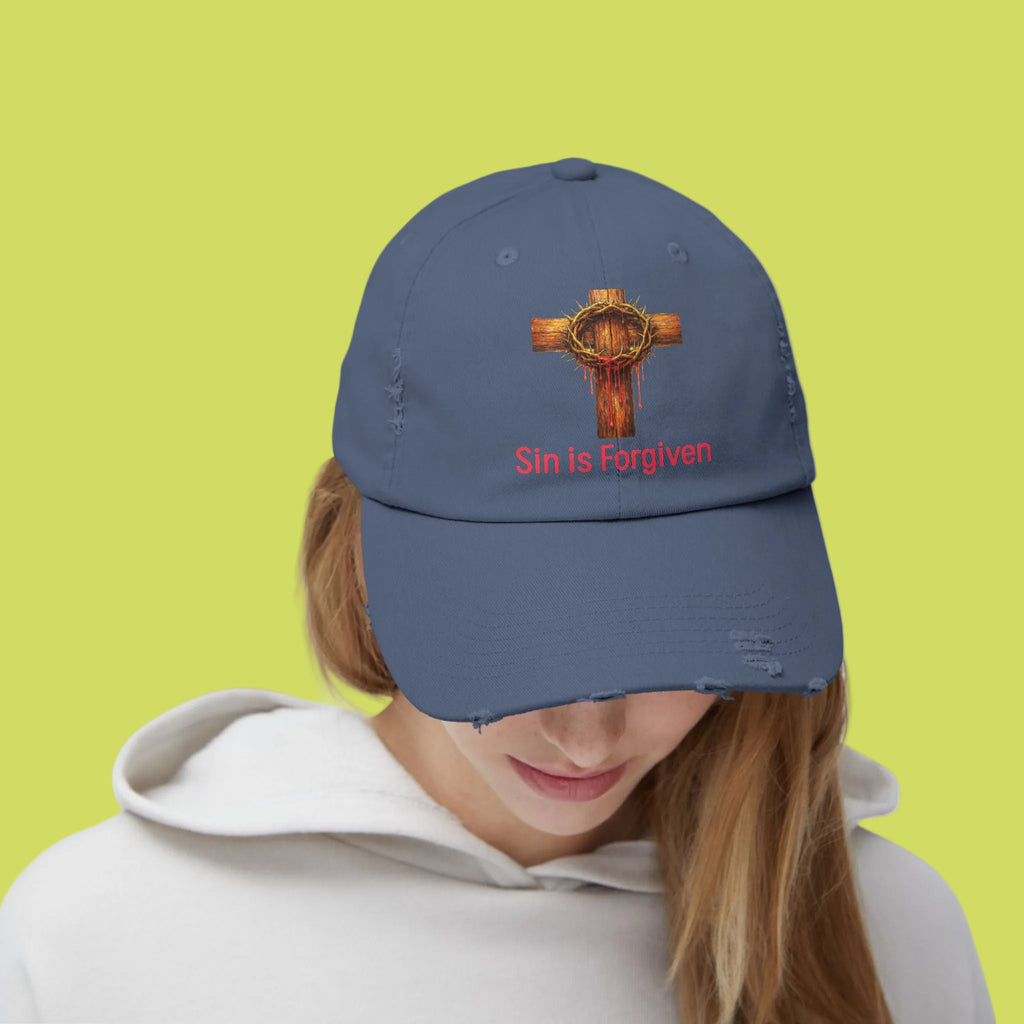 Forgiven Cross Distressed Cap — "Sin is Forgiven" Christian Baseball Hat