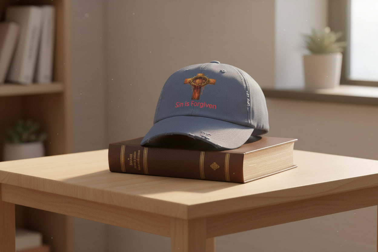 Forgiven Cross Distressed Cap — "Sin is Forgiven" Christian Baseball Hat