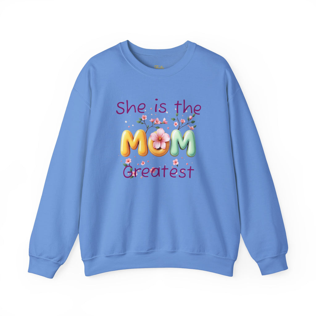 Greatest MOM Crewneck Sweatshirt — "She is the Greatest MOM" Floral Balloon Design – Christian faith apparel & gifts | Fully