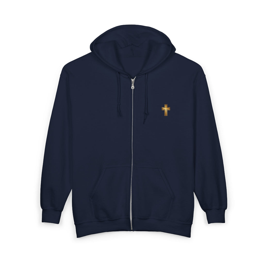 Faith-Inspired Full Zip Hoodie — Gold Cross & 'Constantly Praying' Scripture Back